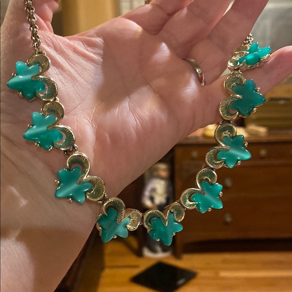 Vintage Jewelry - Vintage Thermostat Gold and Teal Floral Necklace